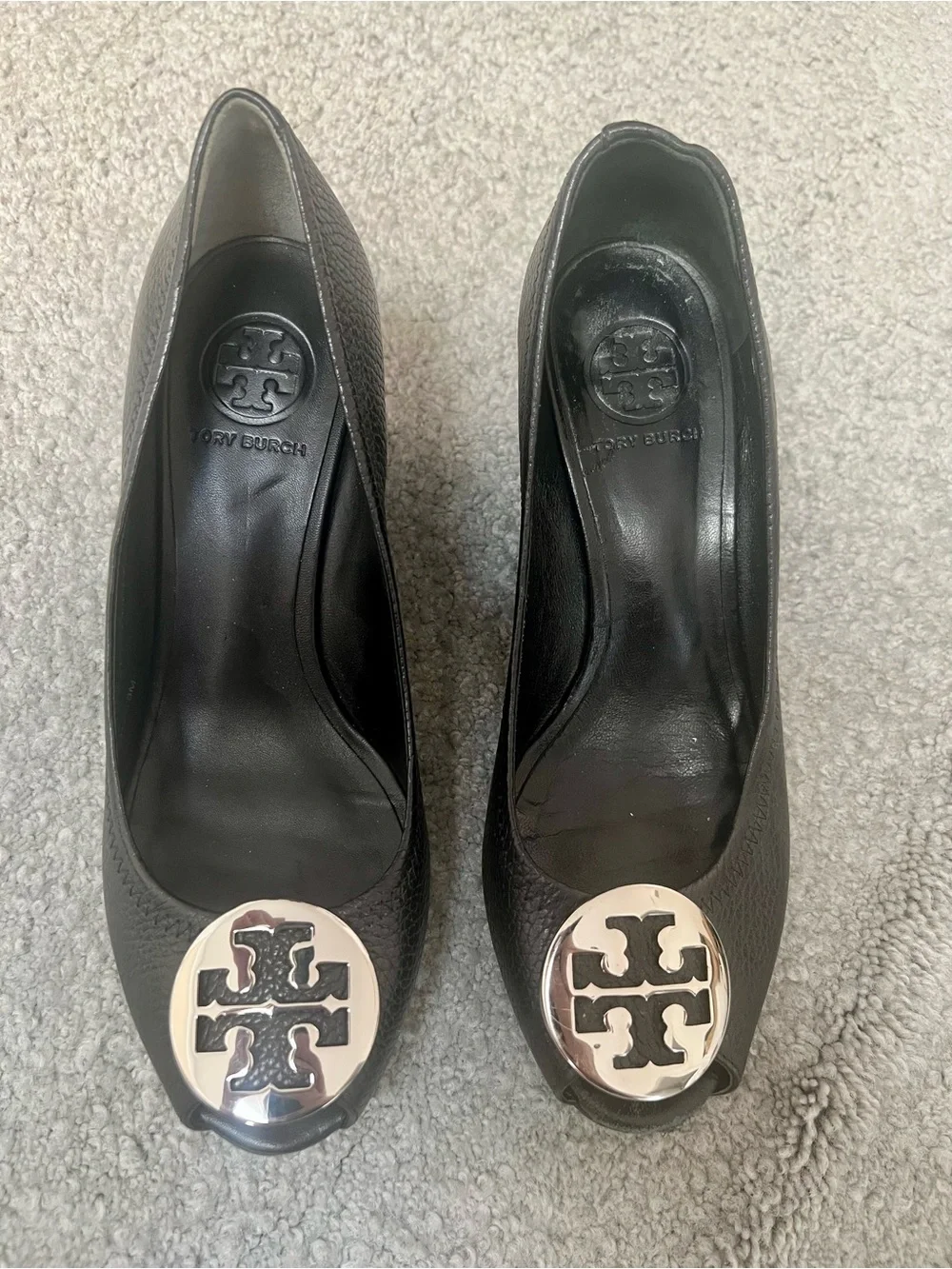 Tory Burch Sally Wedge Pumps in Black Tumbled / Pebbled Leather- 8M